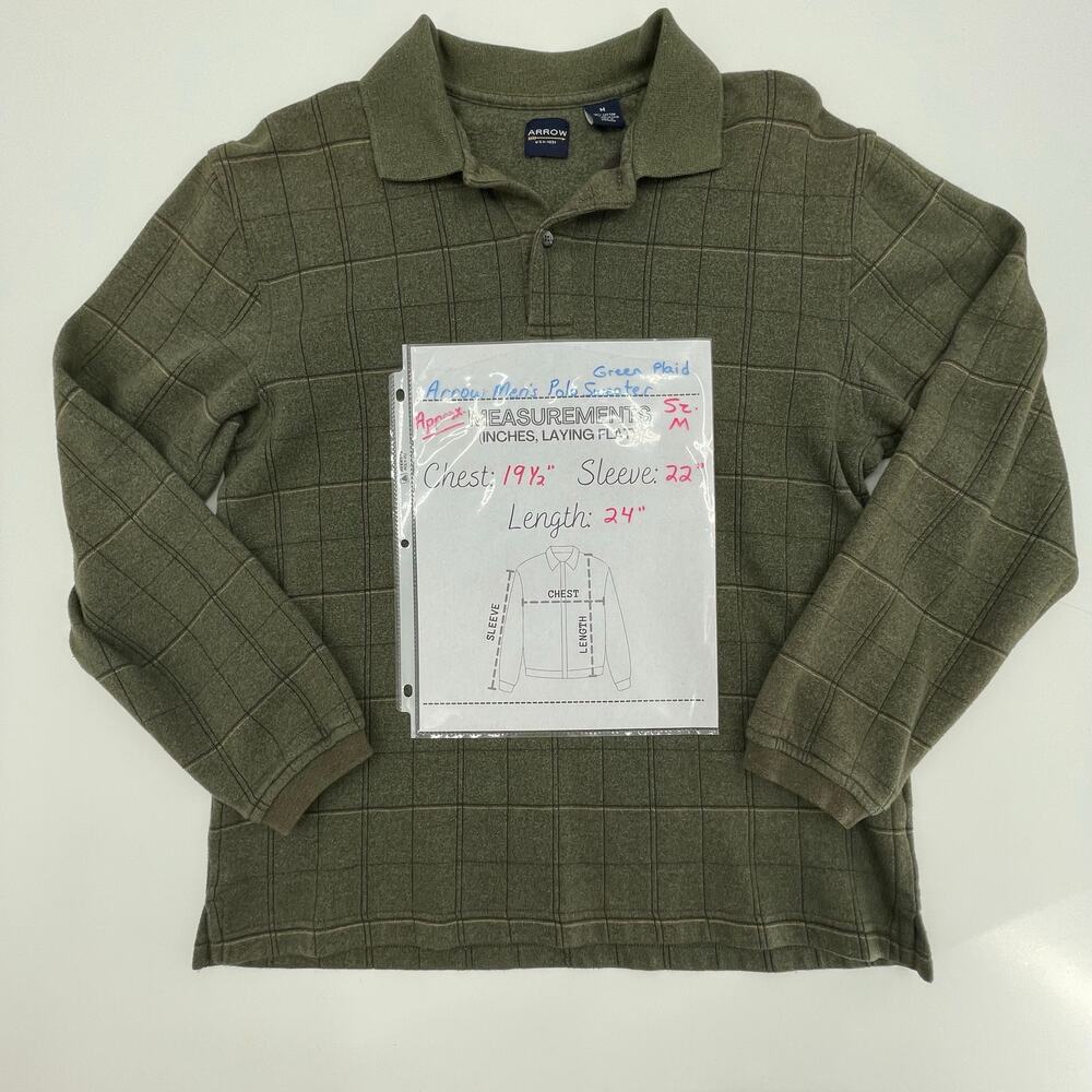 Arrow Men's‎ Polo Sweater, Relaxed Fit, Green Plaid, Size M Casual Comfortable - Picture 9 of 9